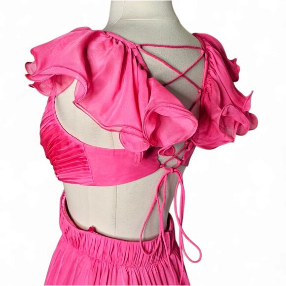 Mac Duggal 70254 Ruched Ruffled Shoulder Cut Out Lace Up Gown in Hot Pink Size 8 - Picture 4 of 14